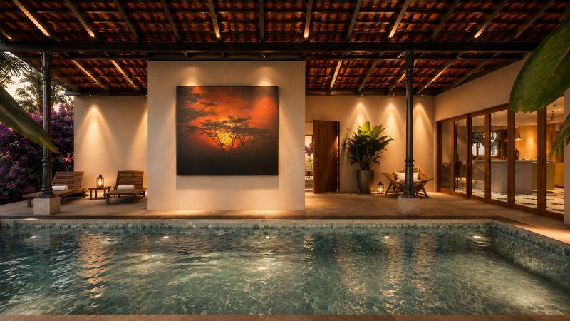 Covered swimming pool hall with timber beamed ceiling and feature artwork