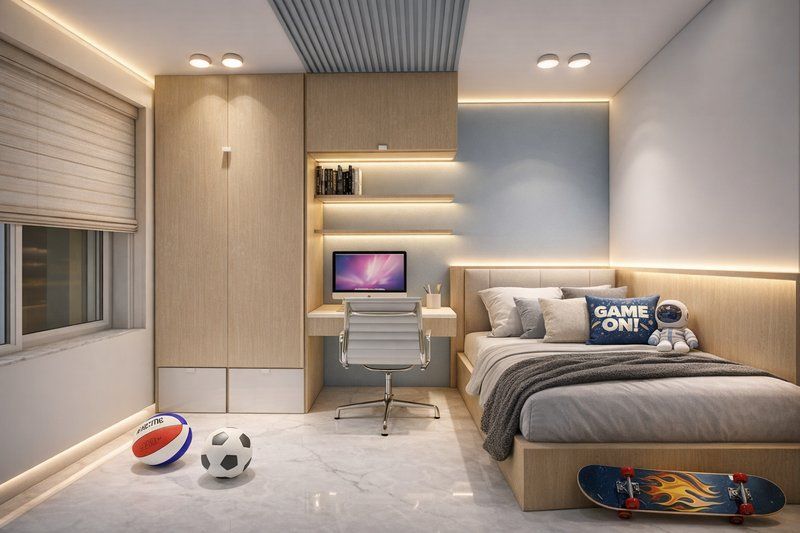 Teenager bedroom with study desk, shelving and blue accent wall