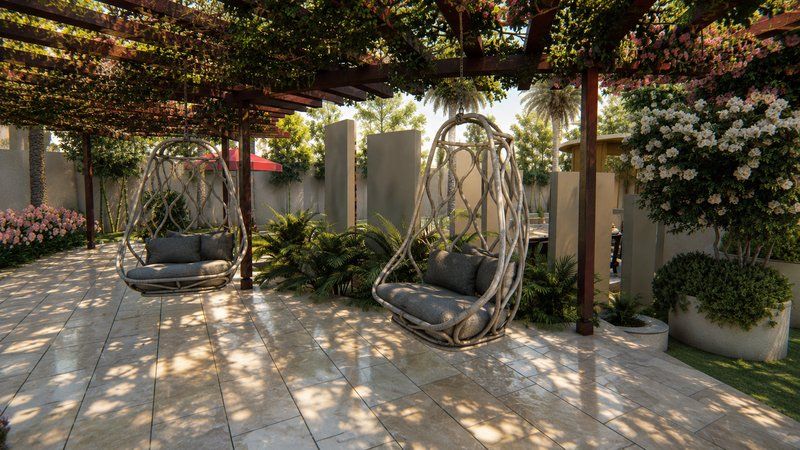 Pergola-shaded terrace with hanging swing chairs and flowering plants at the farmhouse
