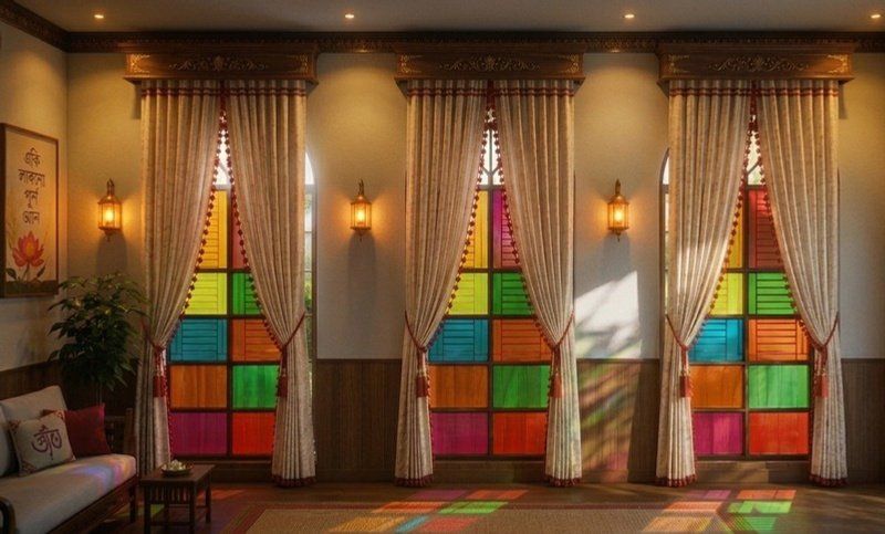 Sitting area with multicoloured stained glass panels and sheer curtains