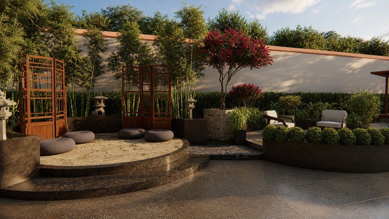 Landscaped courtyard with timber screens, bamboo planting and raised stone seating