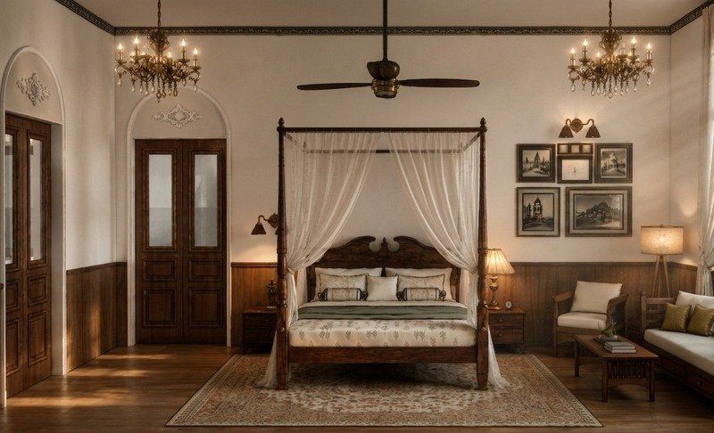 Bedroom with carved four-poster bed, chandeliers and arched timber doors